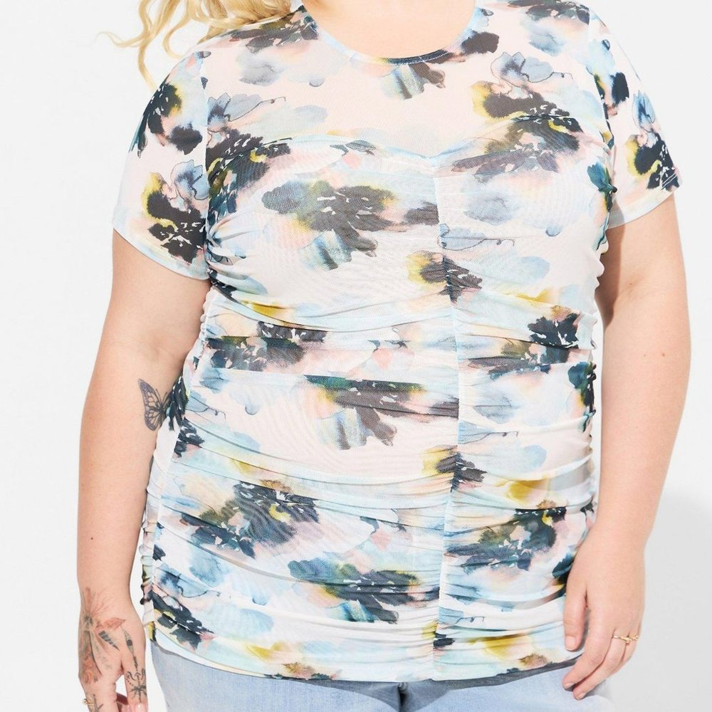 Torrid Stretch Mesh Crew Neck Ruched Top